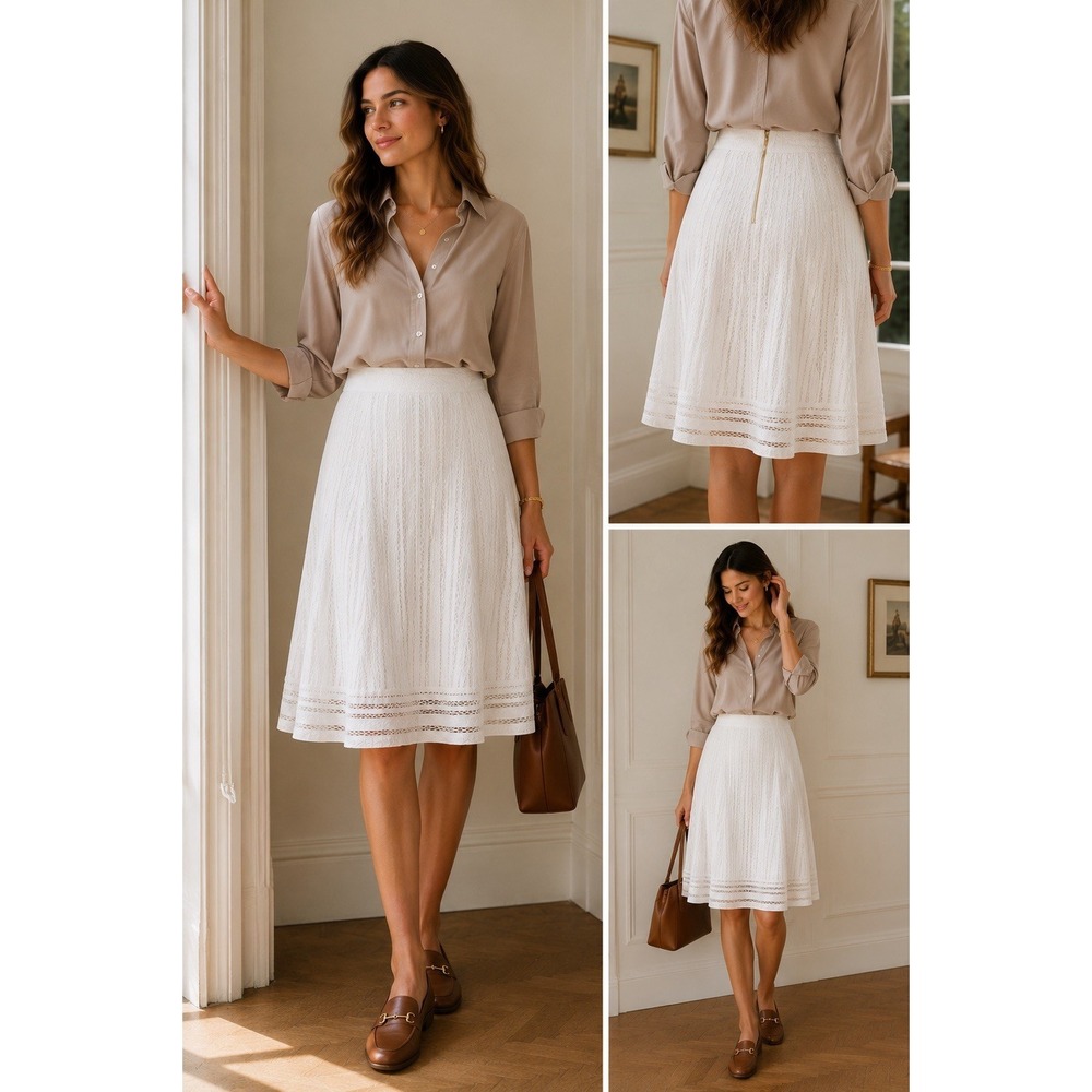 J.Crew Skirt Women's 12 Striped Eyelet White A-line Knee Length Lined Fit Flare